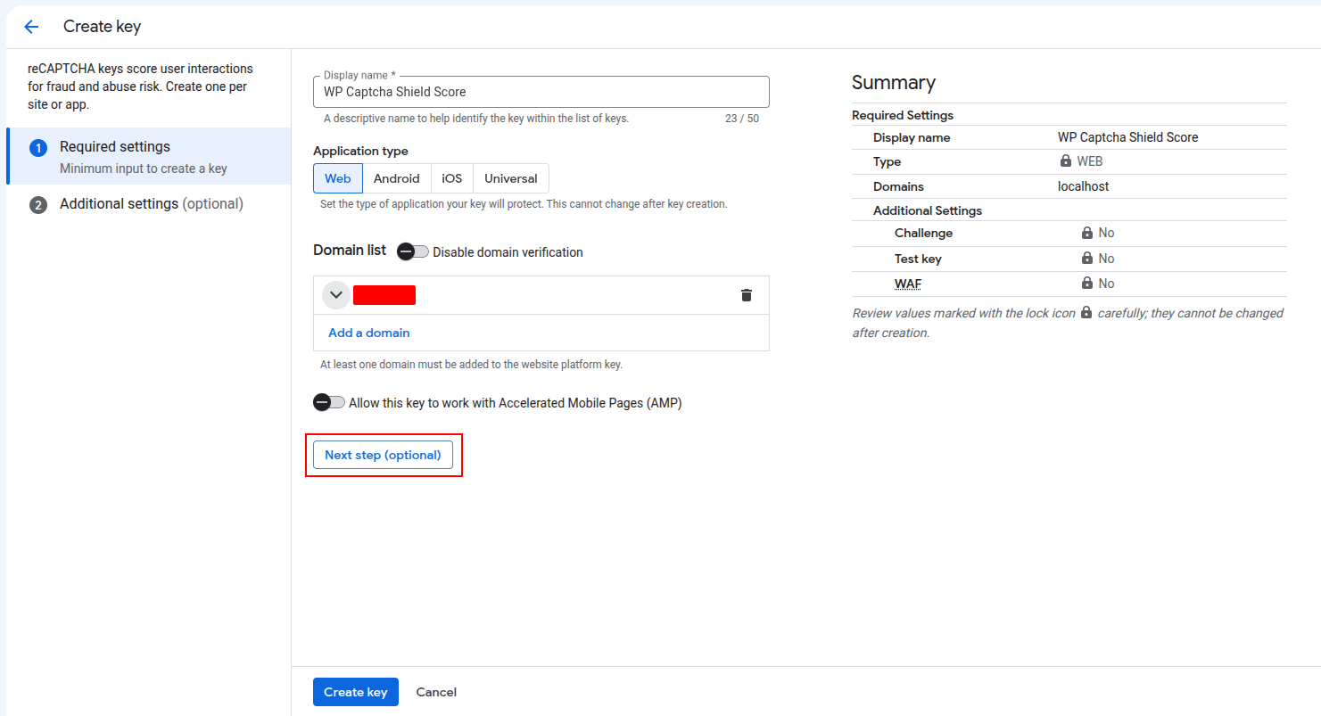 Configure the required reCAPTCHA key settings