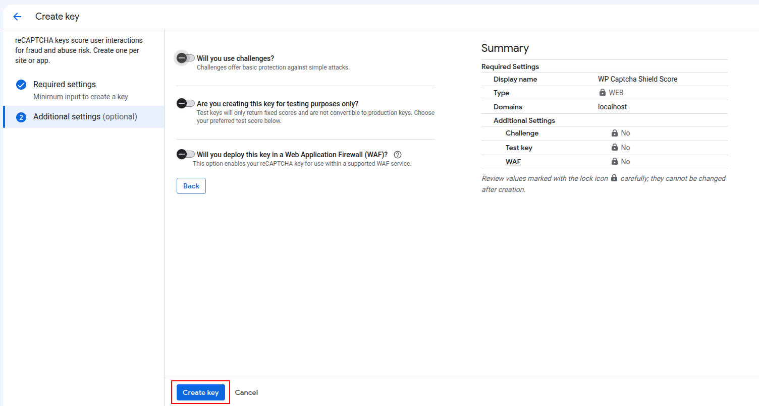 Configure the optional reCAPTCHA key settings