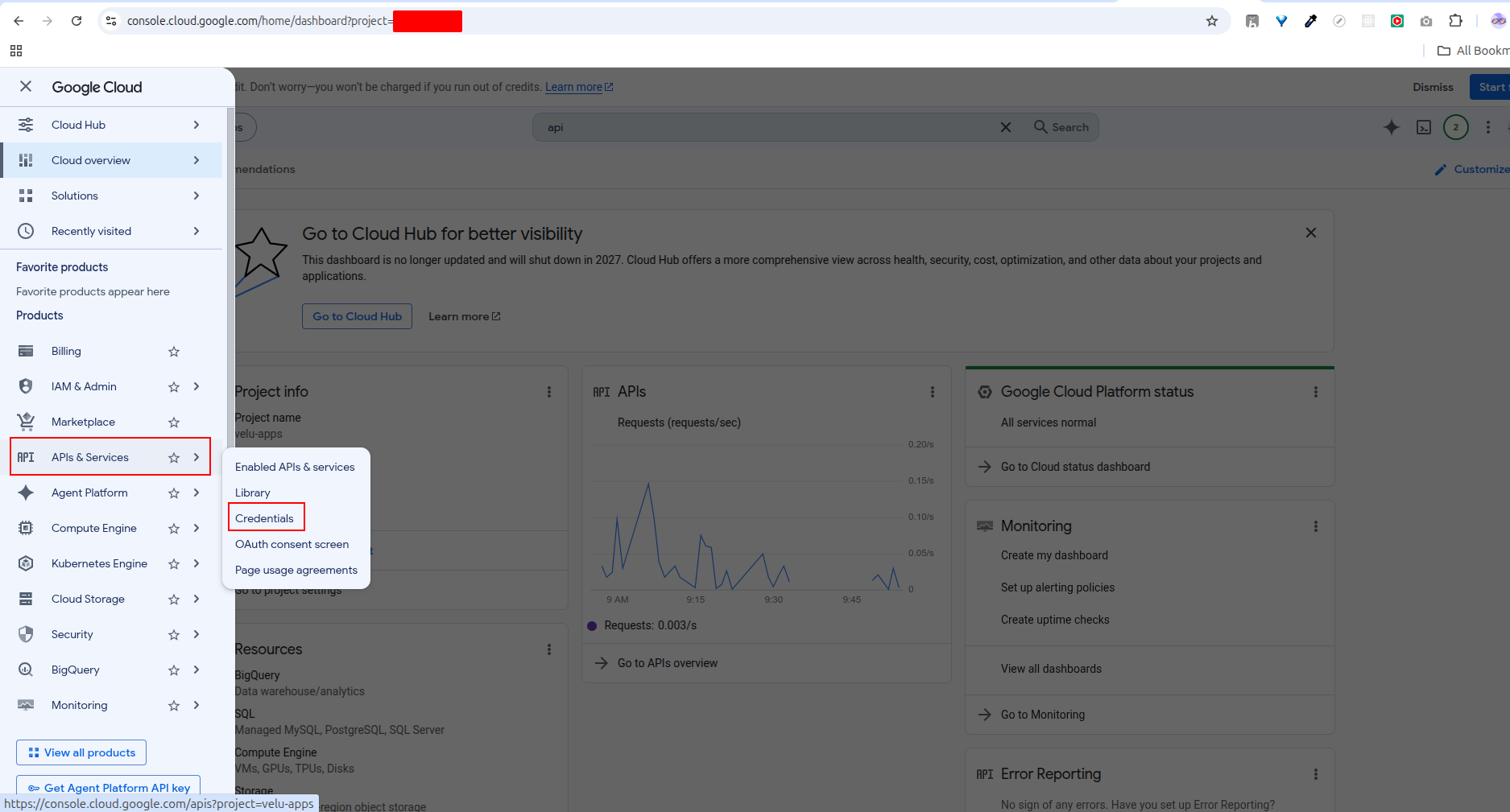 Open Google Cloud API credentials