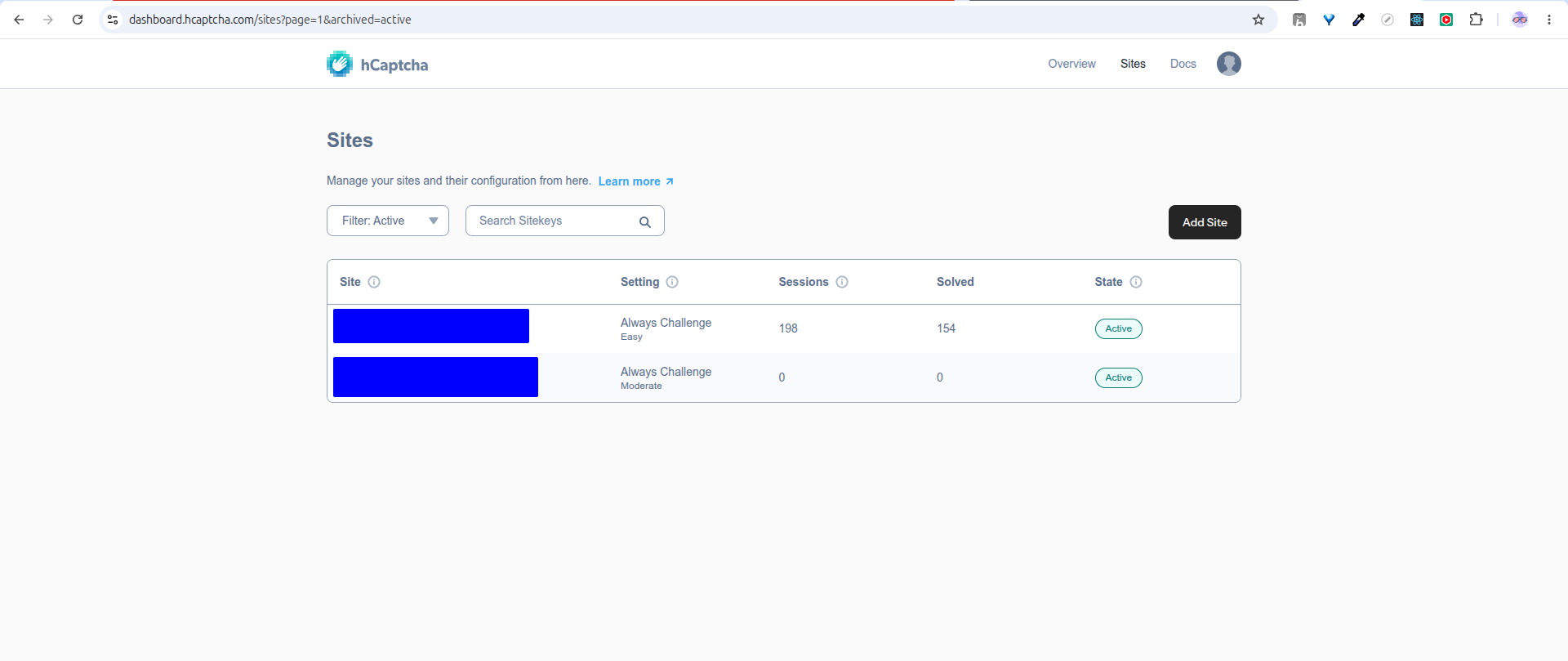 Open the hCaptcha Sites dashboard
