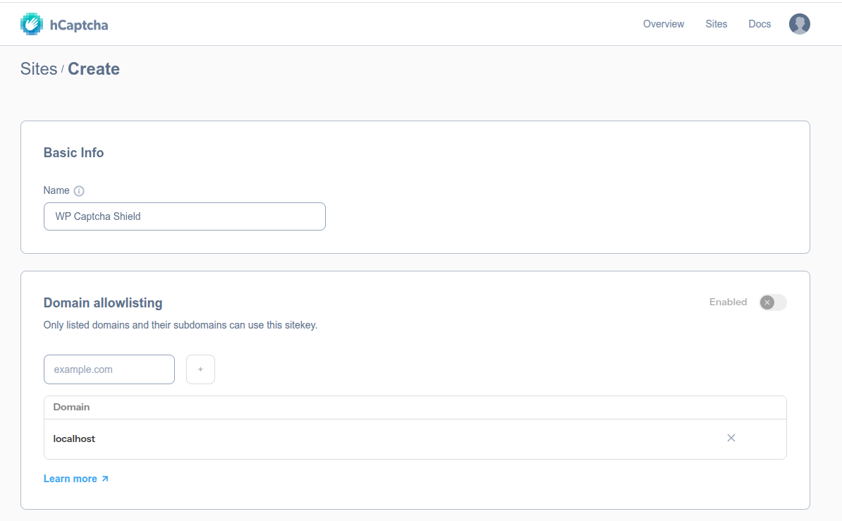 Create the hCaptcha site and configure the domain