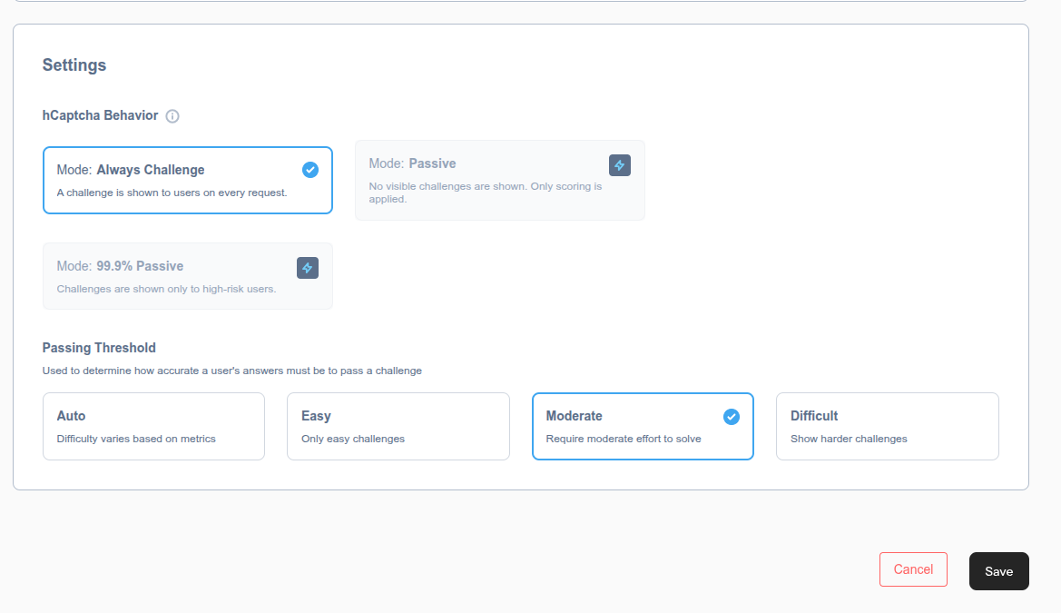 Configure hCaptcha behavior and challenge threshold