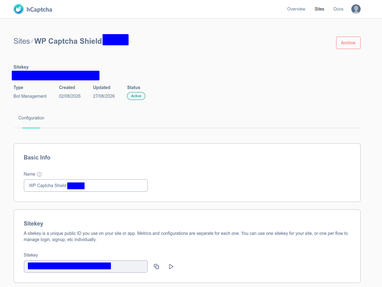 Copy the hCaptcha site key