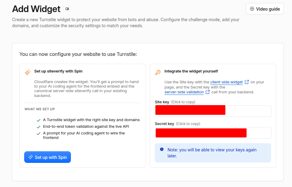 Copy the Cloudflare Turnstile site key and secret key